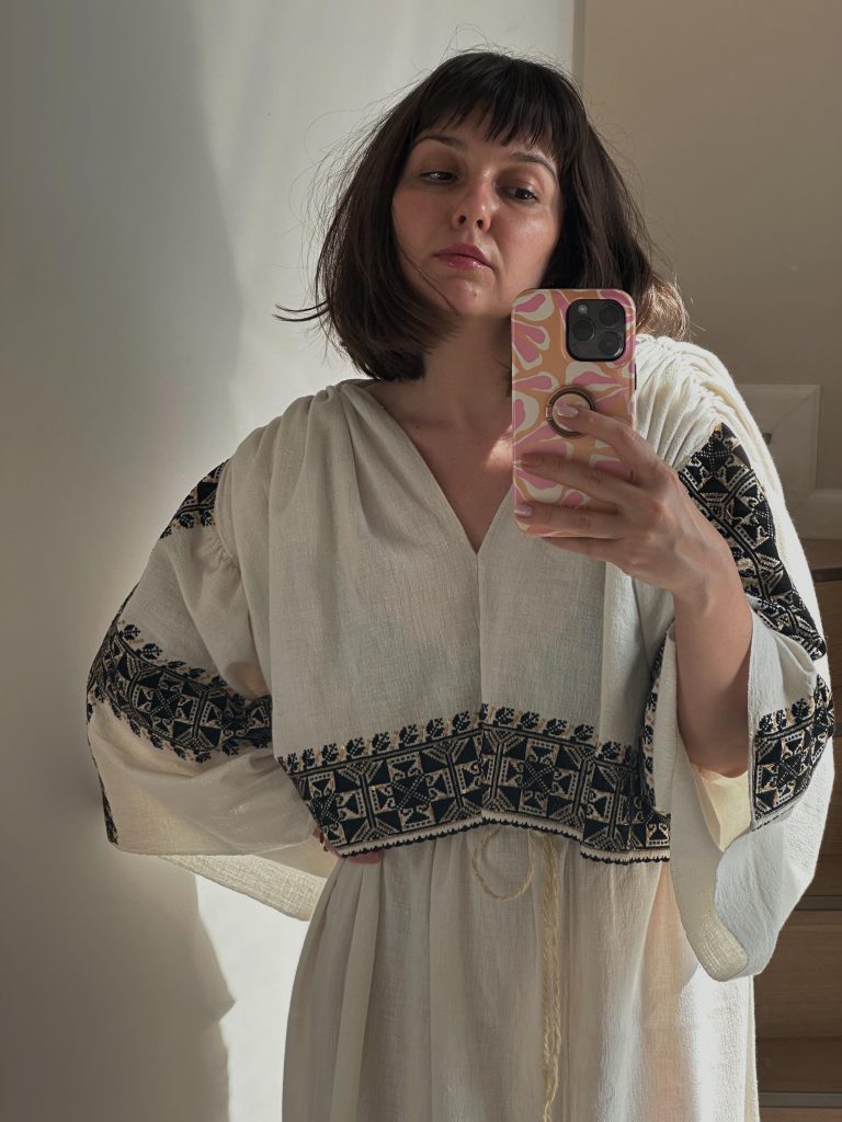 Andreea wearing upcycled traditional blouse